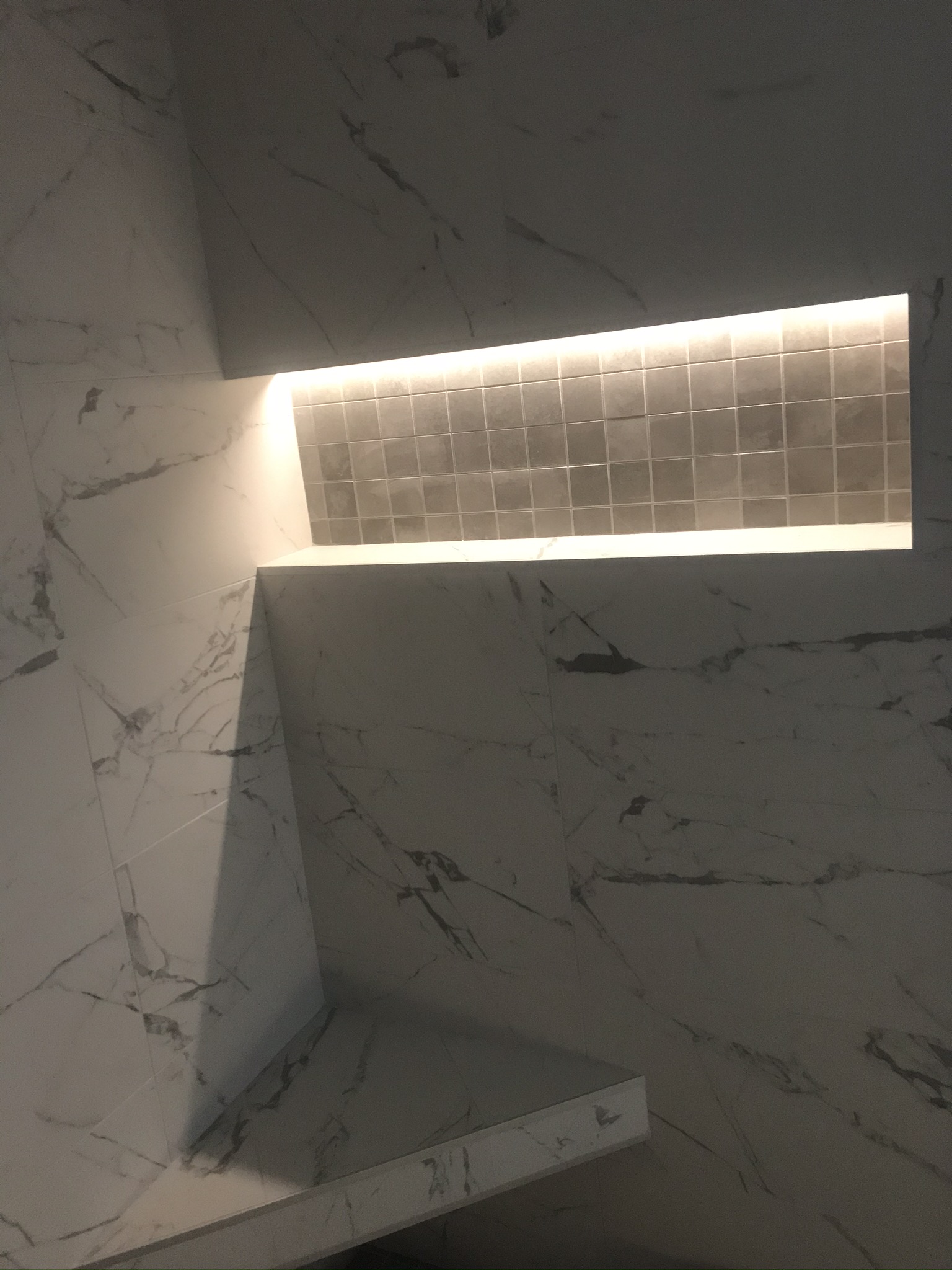 Custom warm LED strip lighting in shower niche